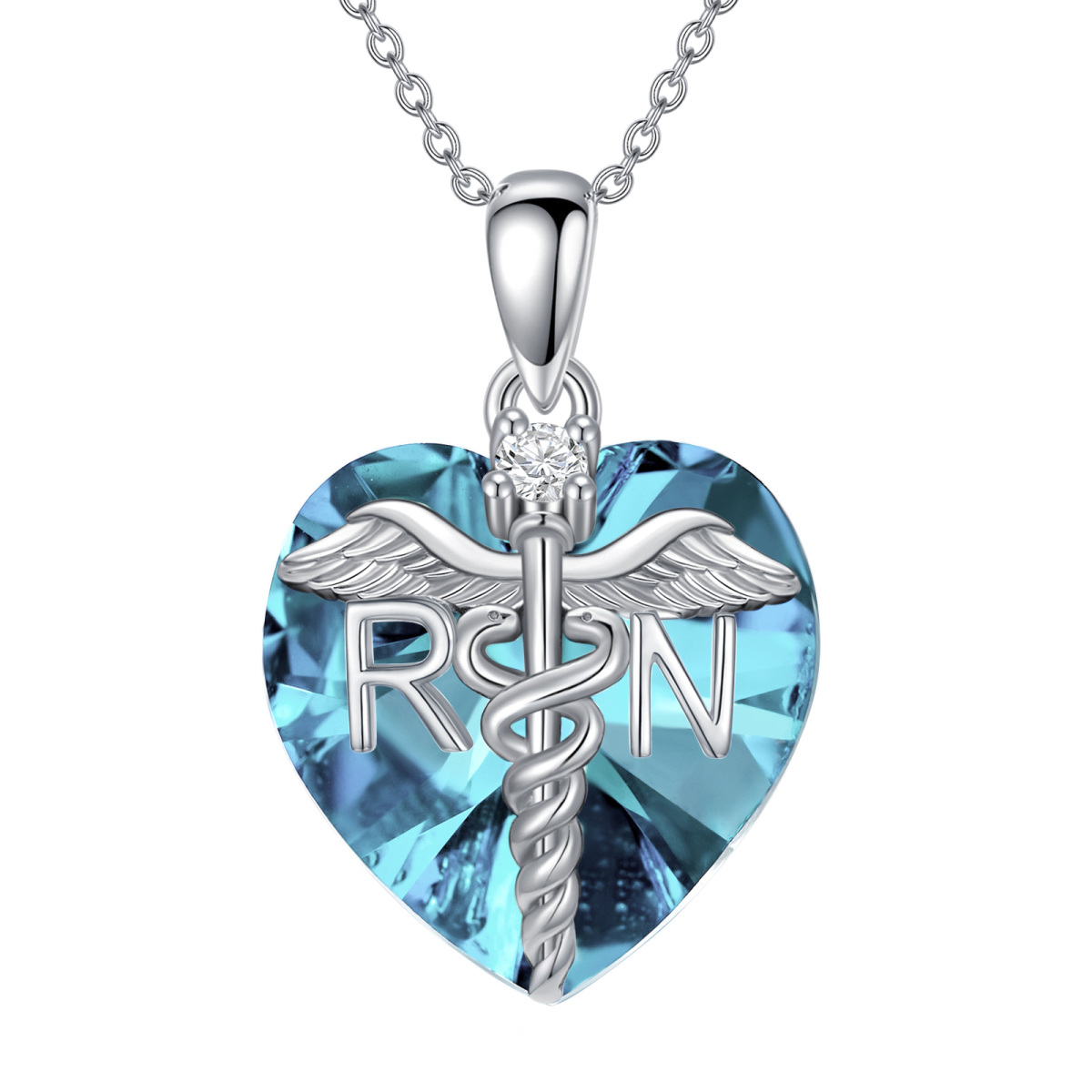 Sterling Silver Heart Shaped Angel Wing & Caduceus Crystal Pendant Necklace-1