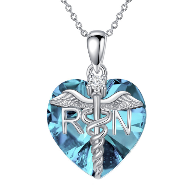 Sterling Silver Heart Shaped Angel Wing & Caduceus Crystal Pendant Necklace-0