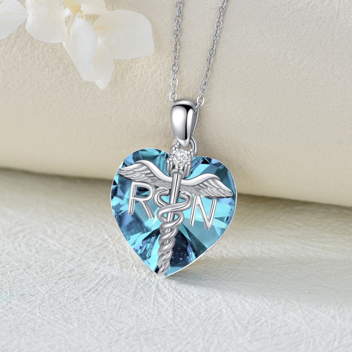 Sterling Silver Heart Shaped Angel Wing & Caduceus Crystal Pendant Necklace-6