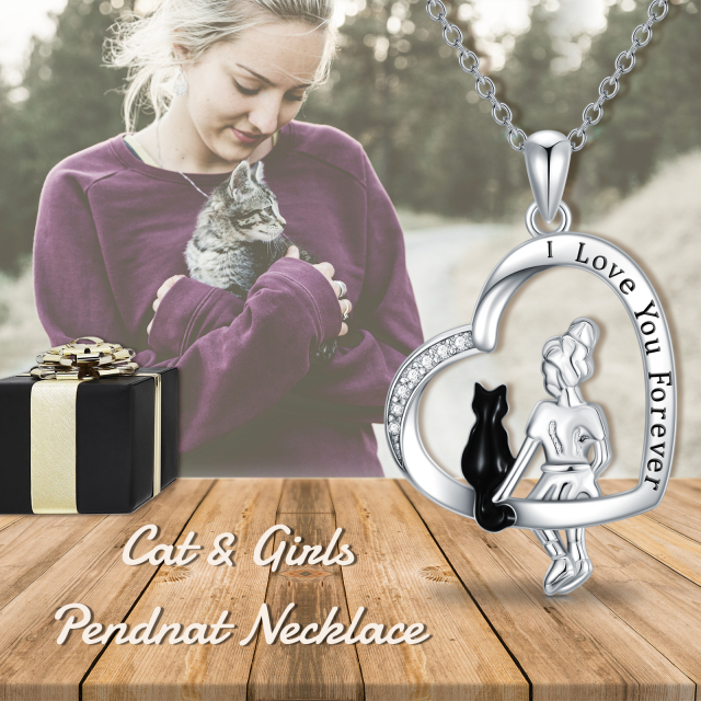 Sterling Silver Two-tone Cubic Zirconia Cat & Heart Pendant Necklace with Engraved Word-4