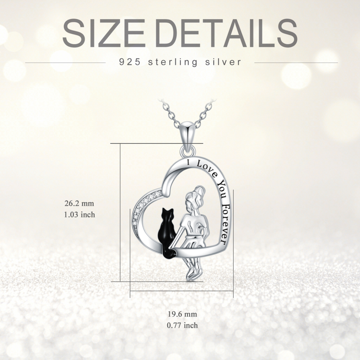 Sterling Silver Two-tone Cubic Zirconia Cat & Heart Pendant Necklace with Engraved Word-6