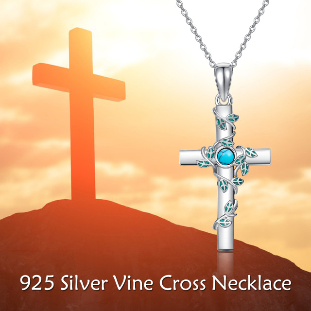 Sterling Silver Circular Shaped Turquoise Ivy & Cross Pendant Necklace-6