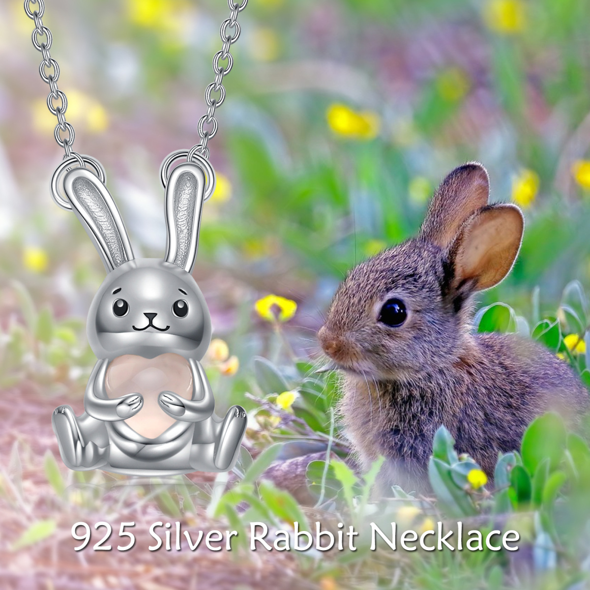 Sterling Silver Heart Shaped Rose Quartz Rabbit & Heart Pendant Necklace-6