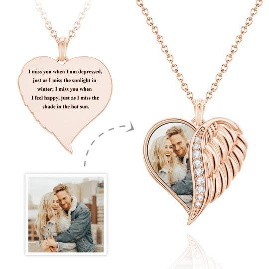 Collar con medallón de foto personalizado con forma de ala de ángel y corazón de plata de ley, chapado en oro rosa