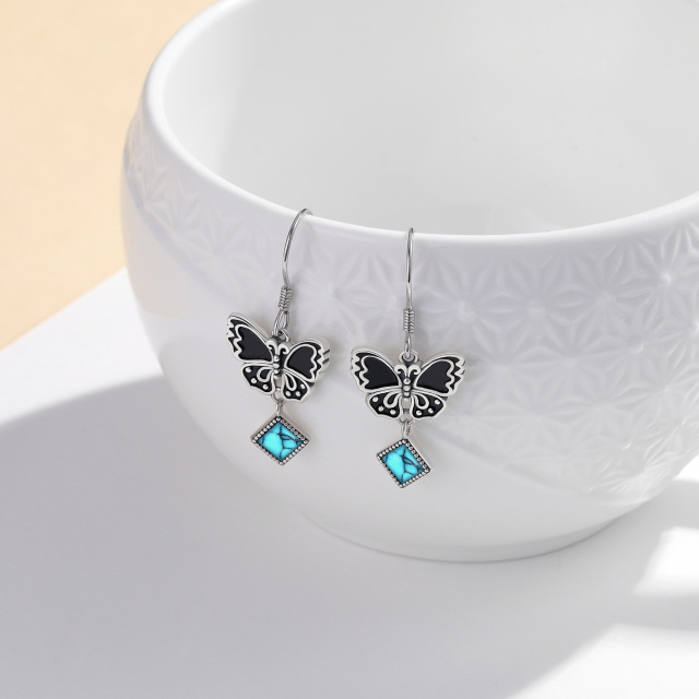 Sterling Silver Two-tone Turquoise Butterfly Drop Earrings-3