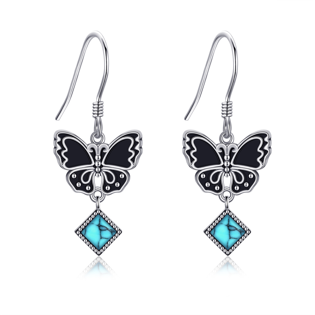 Sterling Silver Two-tone Turquoise Butterfly Drop Earrings-1