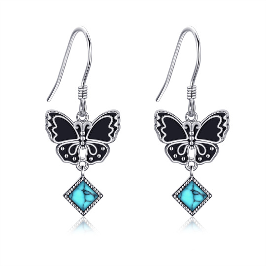 Sterling Silver Two-tone Turquoise Butterfly Drop Earrings