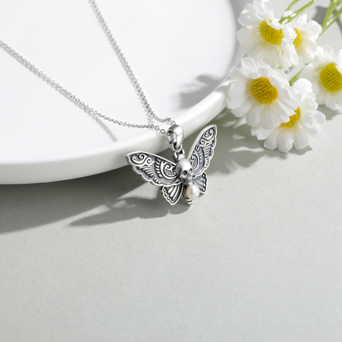 Sterling Silver Pearl Butterfly & Skull Pendant Necklace-3