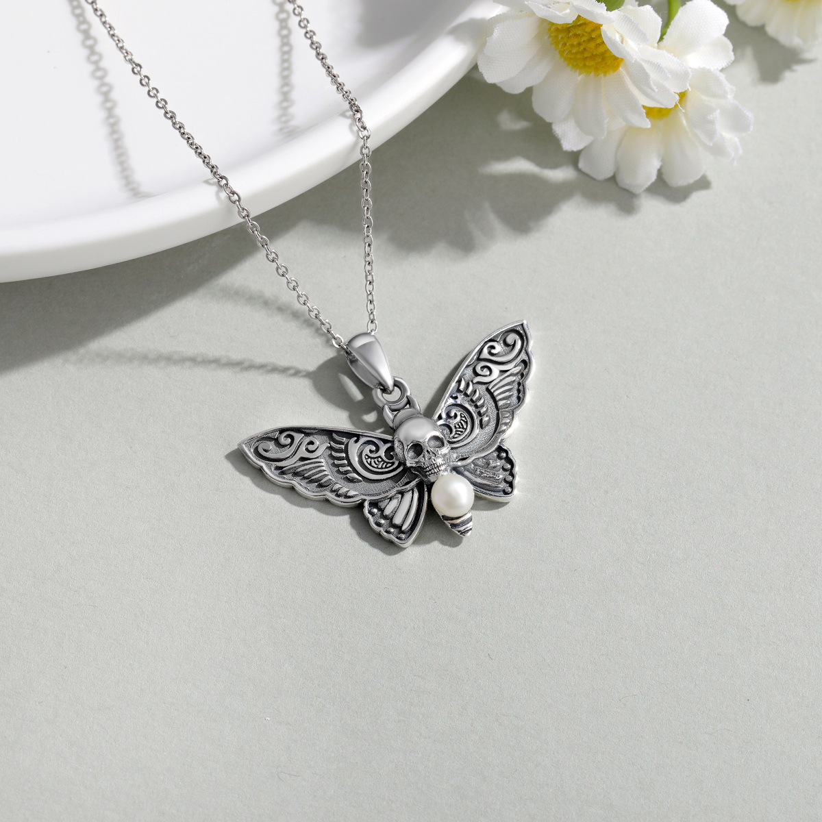 Sterling Silver Pearl Butterfly & Skull Pendant Necklace-4