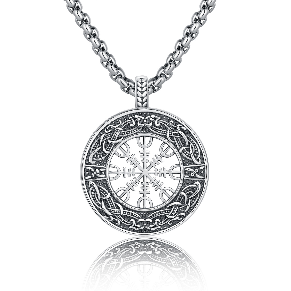 Sterling Silver Compass & Viking Rune Pendant Necklace-1