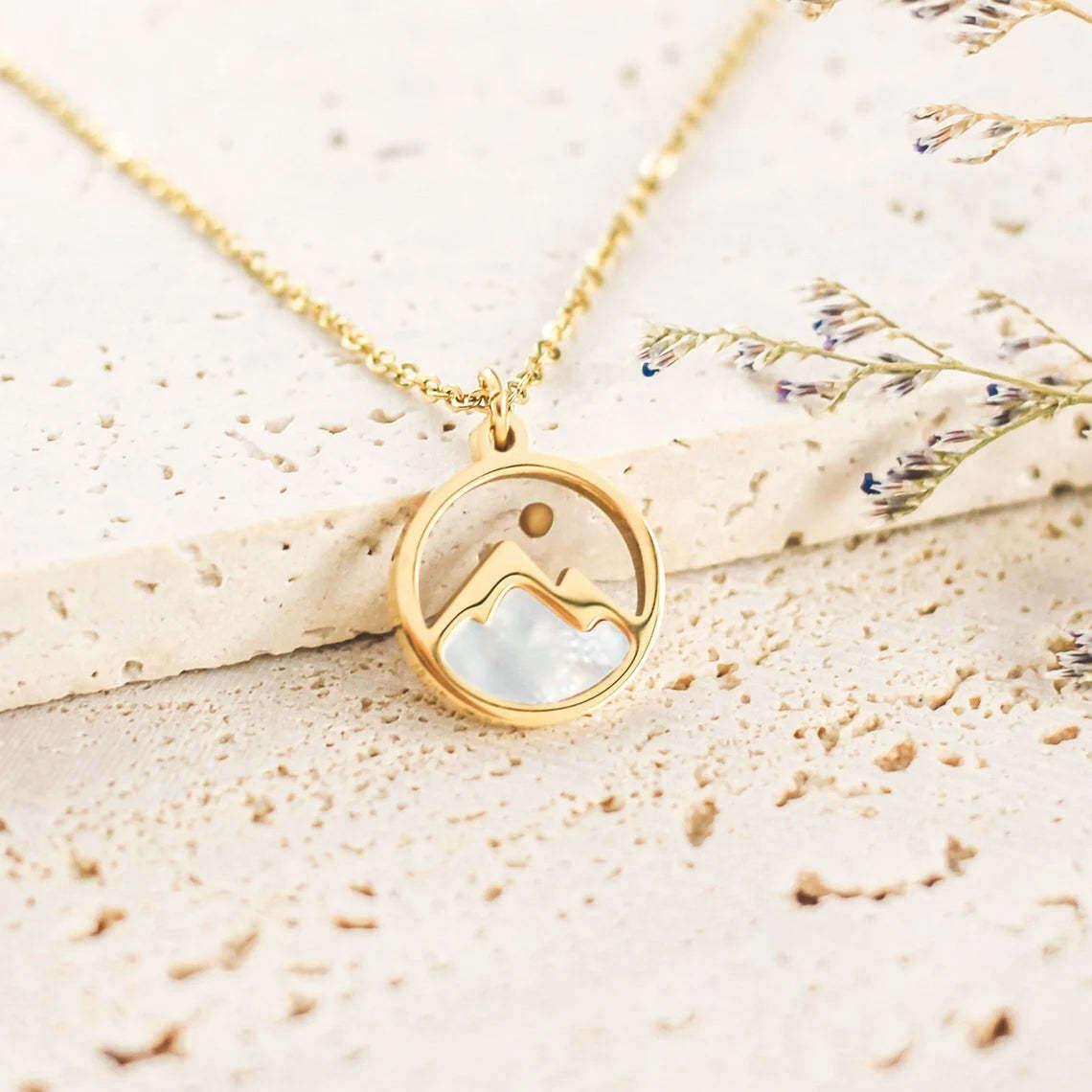 Sterling Silver with Yellow Gold Plated Mother Of Pearl Mountains & Mustard Seeds Pendant Necklace-1