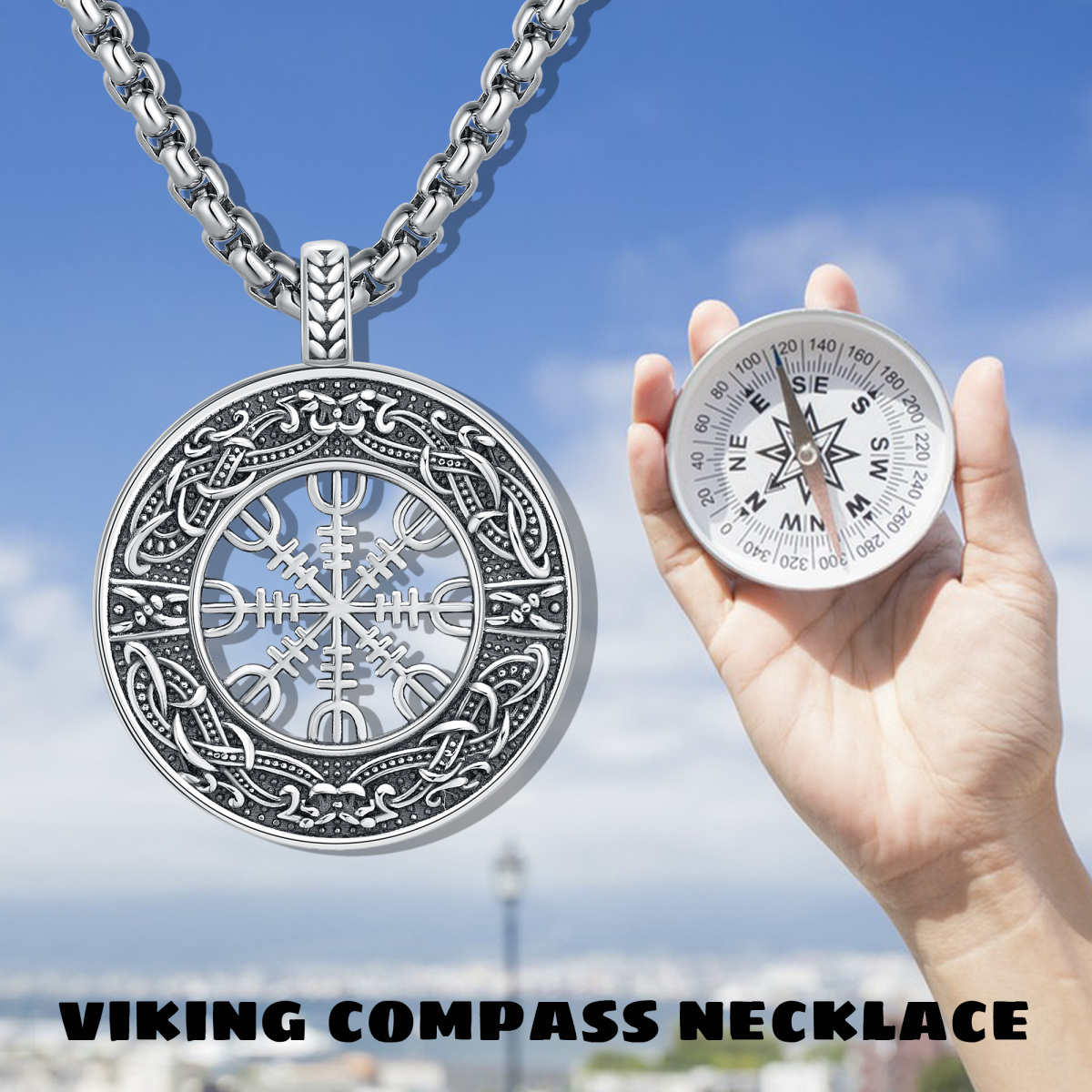 Sterling Silver Compass & Viking Rune Pendant Necklace-6