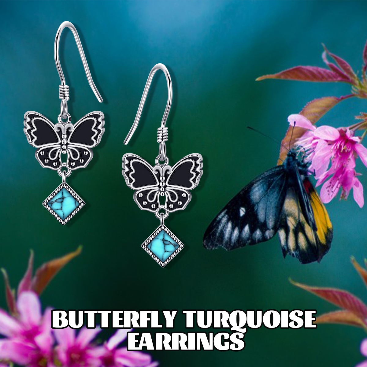 Pendientes colgantes de mariposa turquesa de dos tonos en plata de ley-6