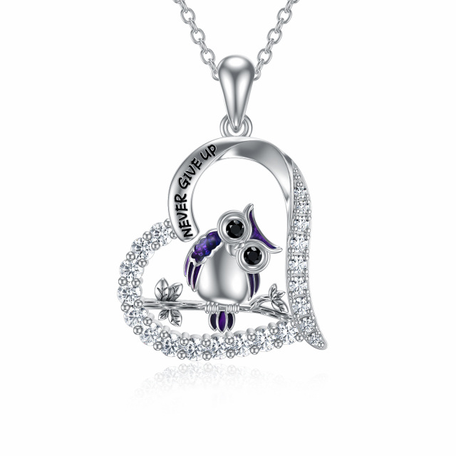 Sterling Silver Cubic Zirconia Owl & Heart Pendant Necklace with Engraved Word-0