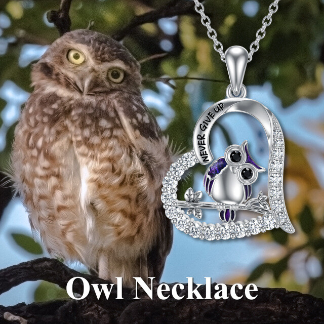 Sterling Silver Cubic Zirconia Owl & Heart Pendant Necklace with Engraved Word-2