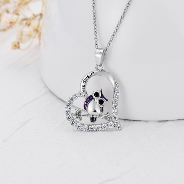 Sterling Silver Cubic Zirconia Owl & Heart Pendant Necklace with Engraved Word-3