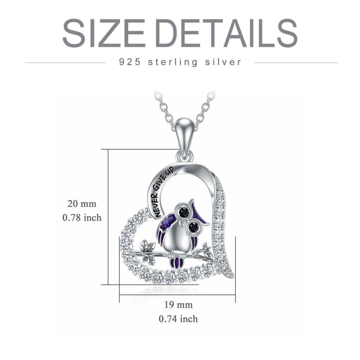 Sterling Silver Cubic Zirconia Owl & Heart Pendant Necklace with Engraved Word-5