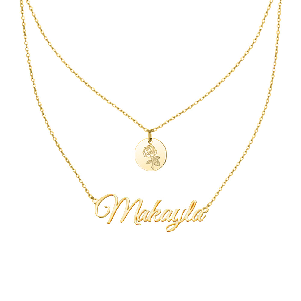 Sterling Silver with Yellow Gold Plated & Personalized Classic Name Birth Flower Layered Necklace-1