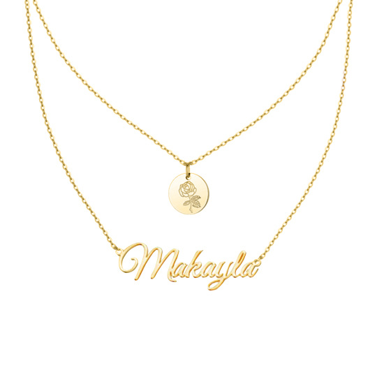 Sterling Silver with Yellow Gold Plated & Personalized Classic Name Birth Flower Layered Necklace
