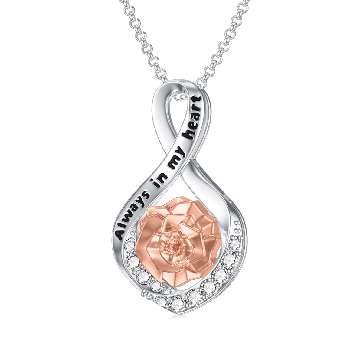 Sterling Silver Two-tone Circular Shaped Rose & Infinity Symbol Urn Necklace for Ashes with Engraved Word-1