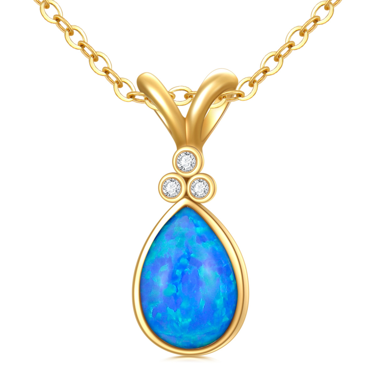 14K Gold Diamant & Blauer Opal Tropfenform Widder Anhänger Halskette-1