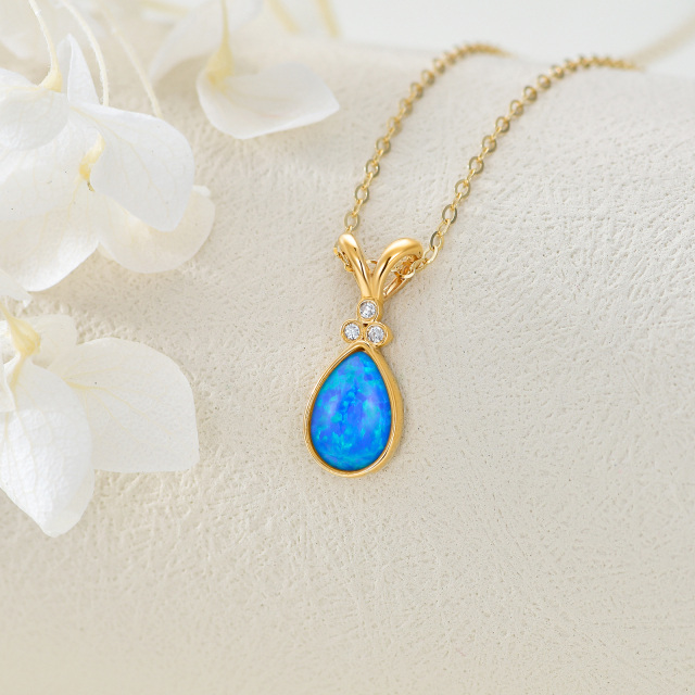 14K Gold Diamond & Blue Opal Drop Shape Aries Pendant Necklace-2