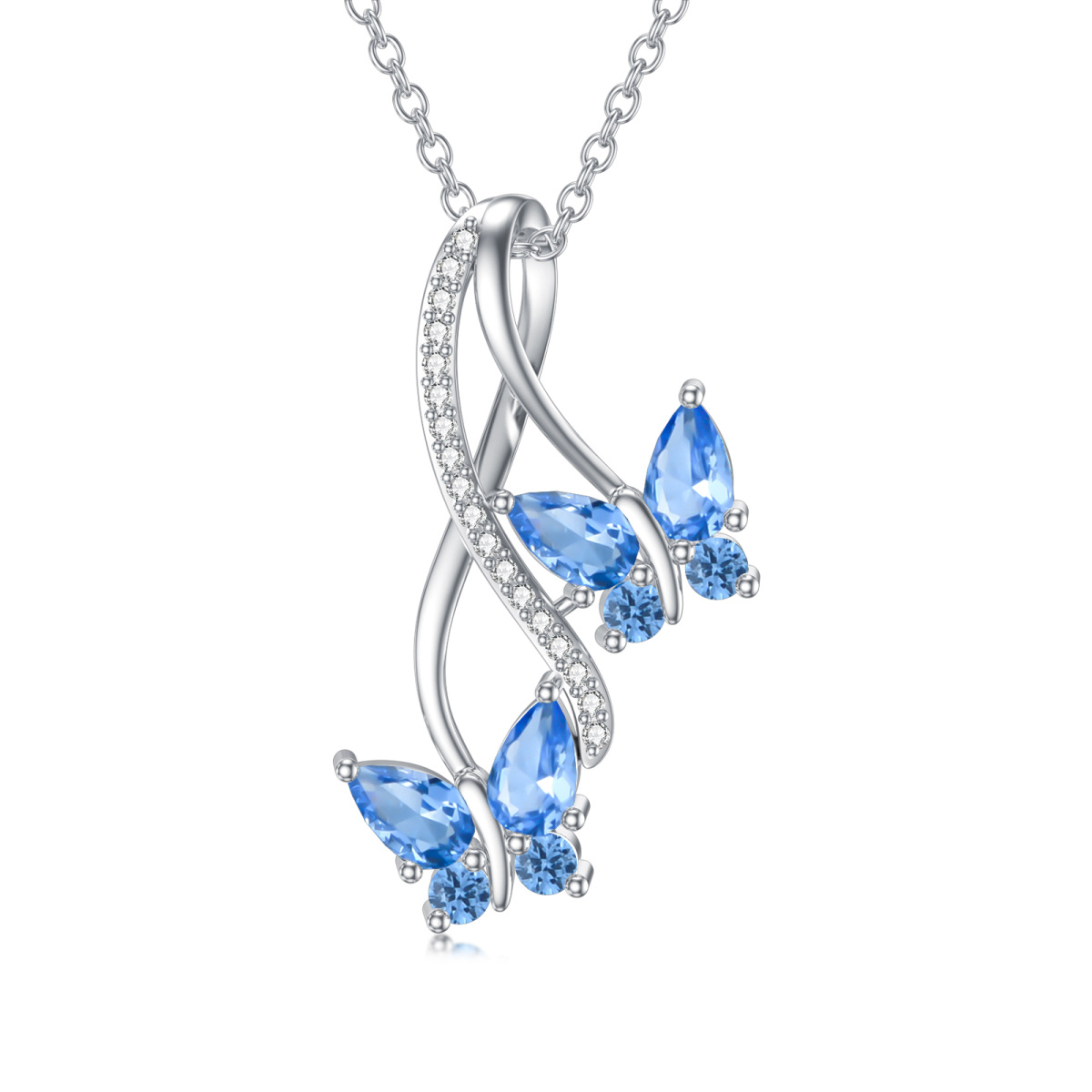 Sterling Silver Natural Diamonds Butterfly Pendant Necklace-1