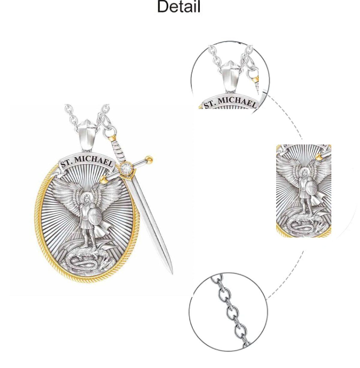 Sterling Silver Two-tone Saint Michael & Sword Pendant Necklace for Men-6