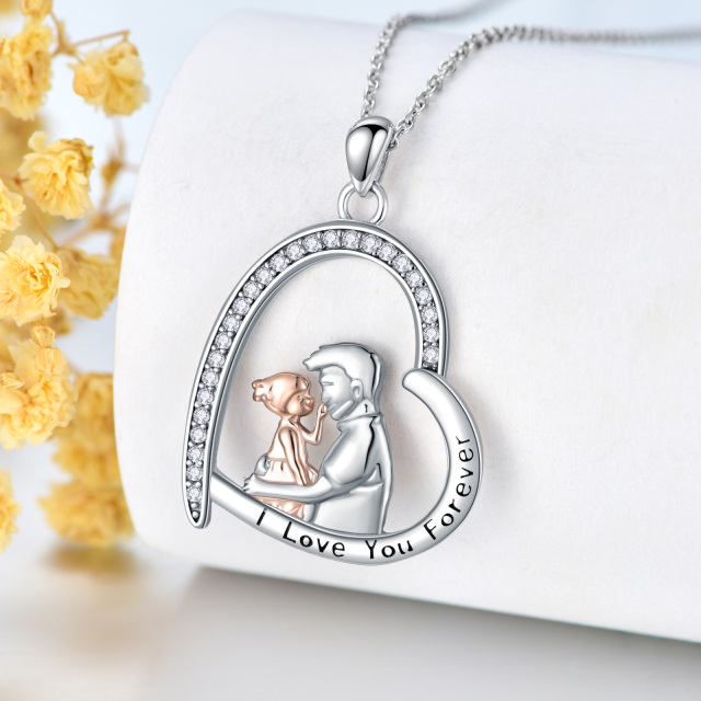 Sterling Silver Two-tone Heart Father & Daughter Pendant Necklace with Engraved Word-2