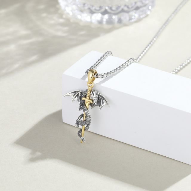Sterling Silver Two-tone Dragon & Sword Pendant Necklace for Men-2