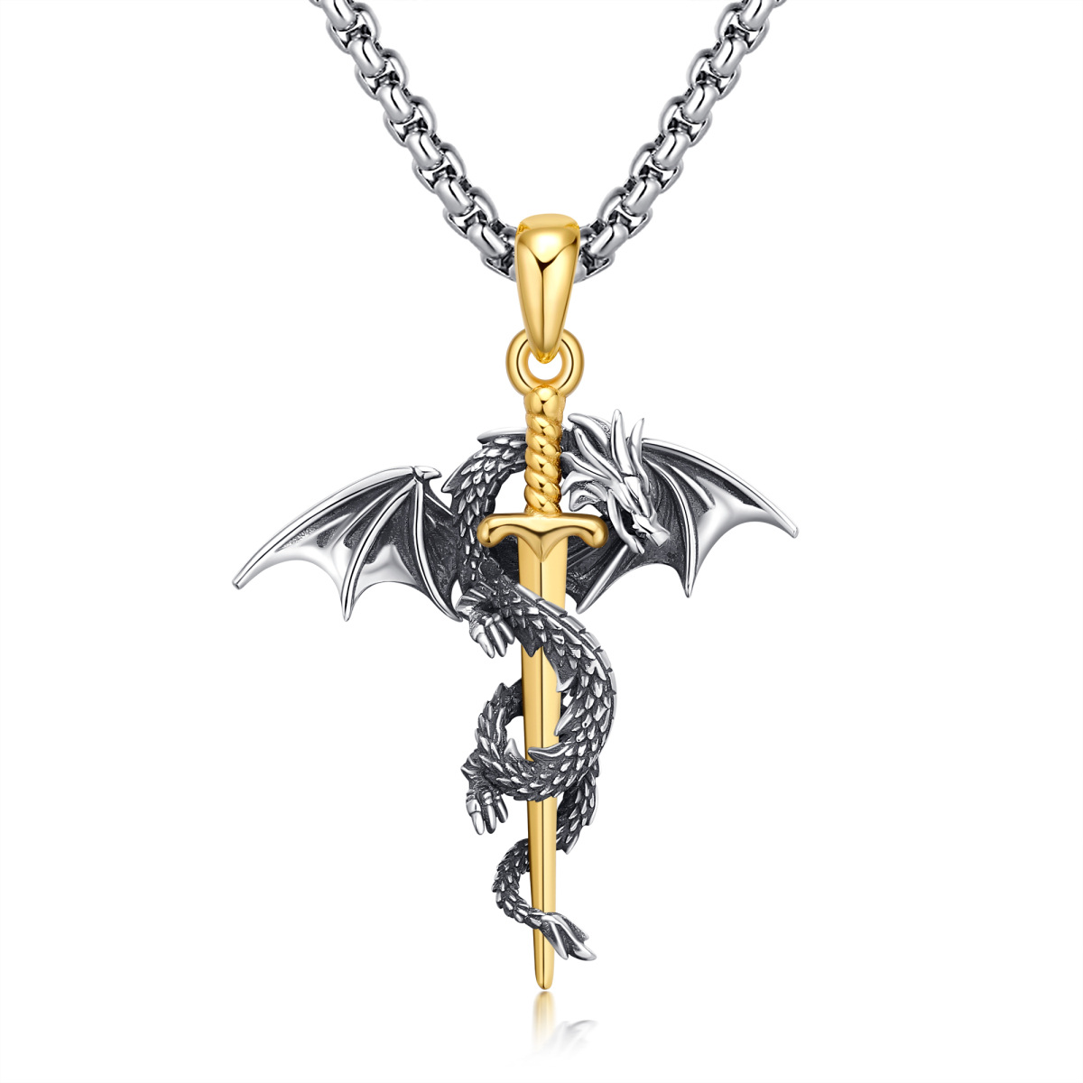 Sterling Silver Two-tone Dragon & Sword Pendant Necklace for Men-1