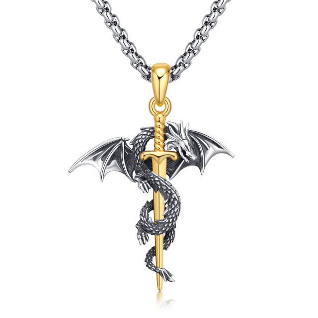 Sterling Silver Two-tone Dragon & Sword Pendant Necklace for Men-0