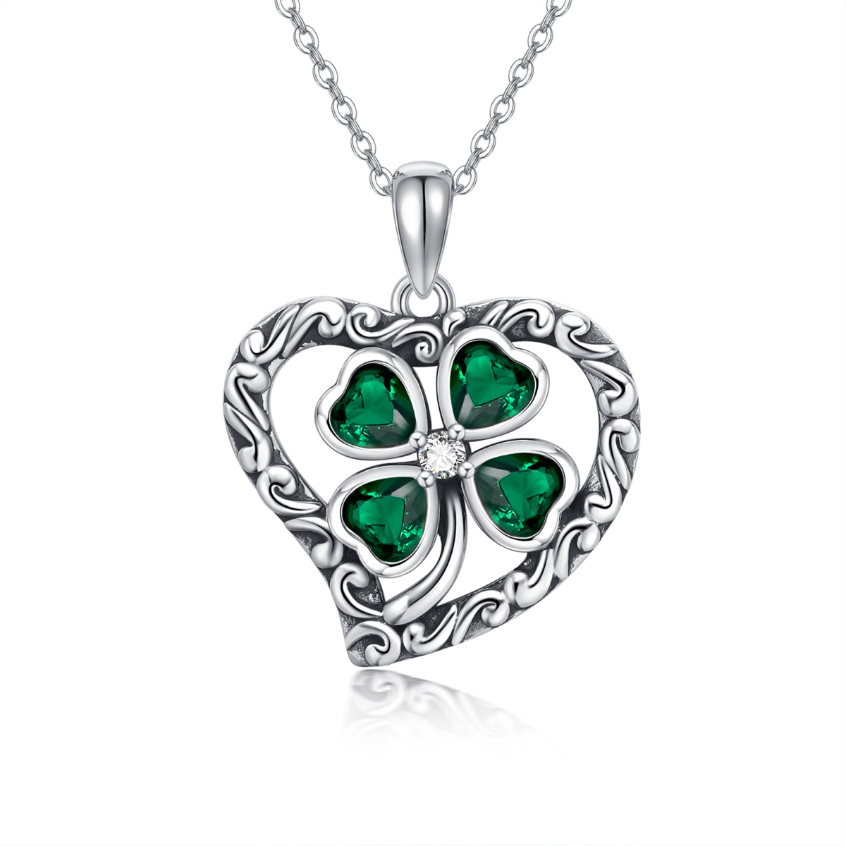 Sterling Silver Circular Shaped & Heart Shaped Cubic Zirconia Four Leaf Clover & Heart Pendant Necklace-1