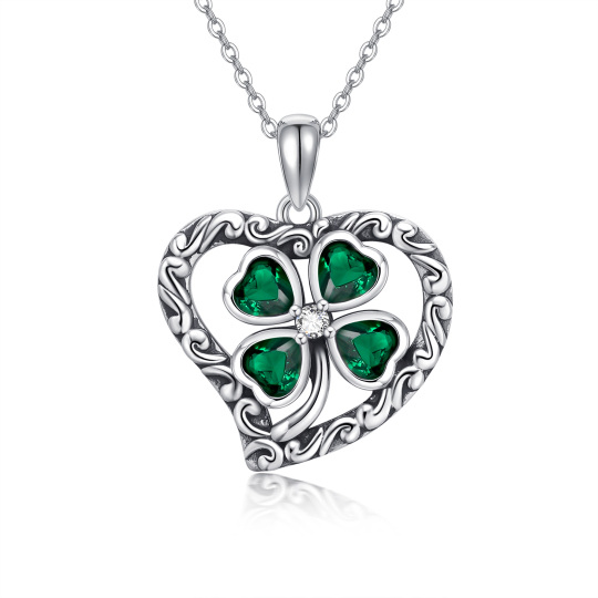 Sterling Silver Circular Shaped & Heart Shaped Cubic Zirconia Four Leaf Clover & Heart Pendant Necklace