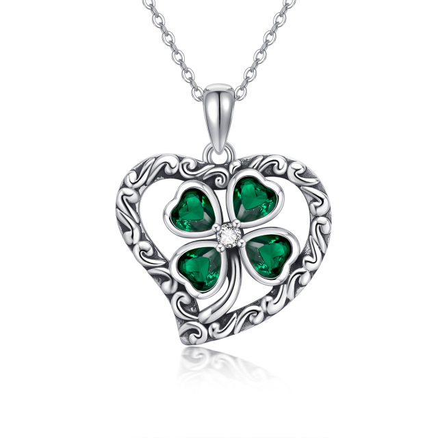 Sterling Silver Circular Shaped & Heart Shaped Cubic Zirconia Four Leaf Clover & Heart Pendant Necklace-0