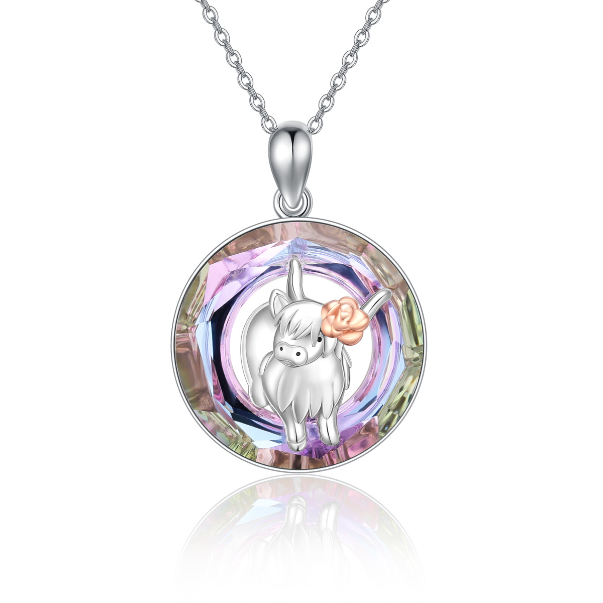 Sterling Silver Two-tone Circular Shaped Highland Cow Crystal Pendant Necklace-1