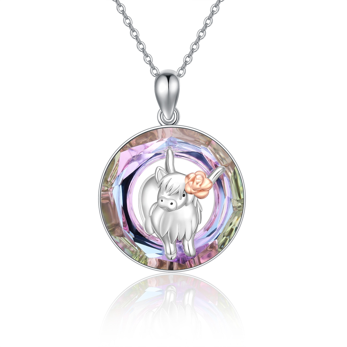 Collier en argent sterling avec pendentif en cristal Highland Cow de forme circulaire bico-1