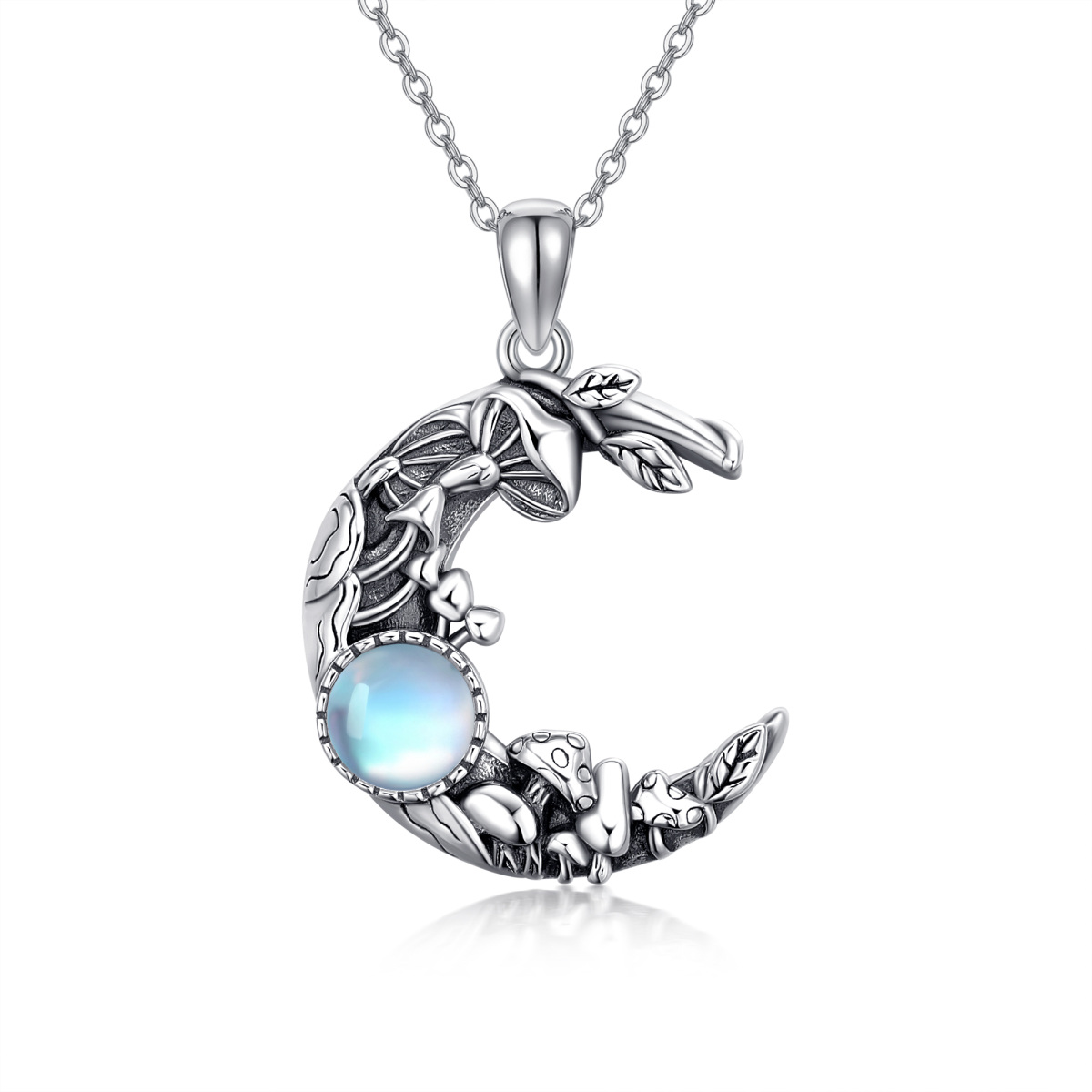 Sterling Silver Round Moonstone Mushroom & Moon Pendant Necklace-1