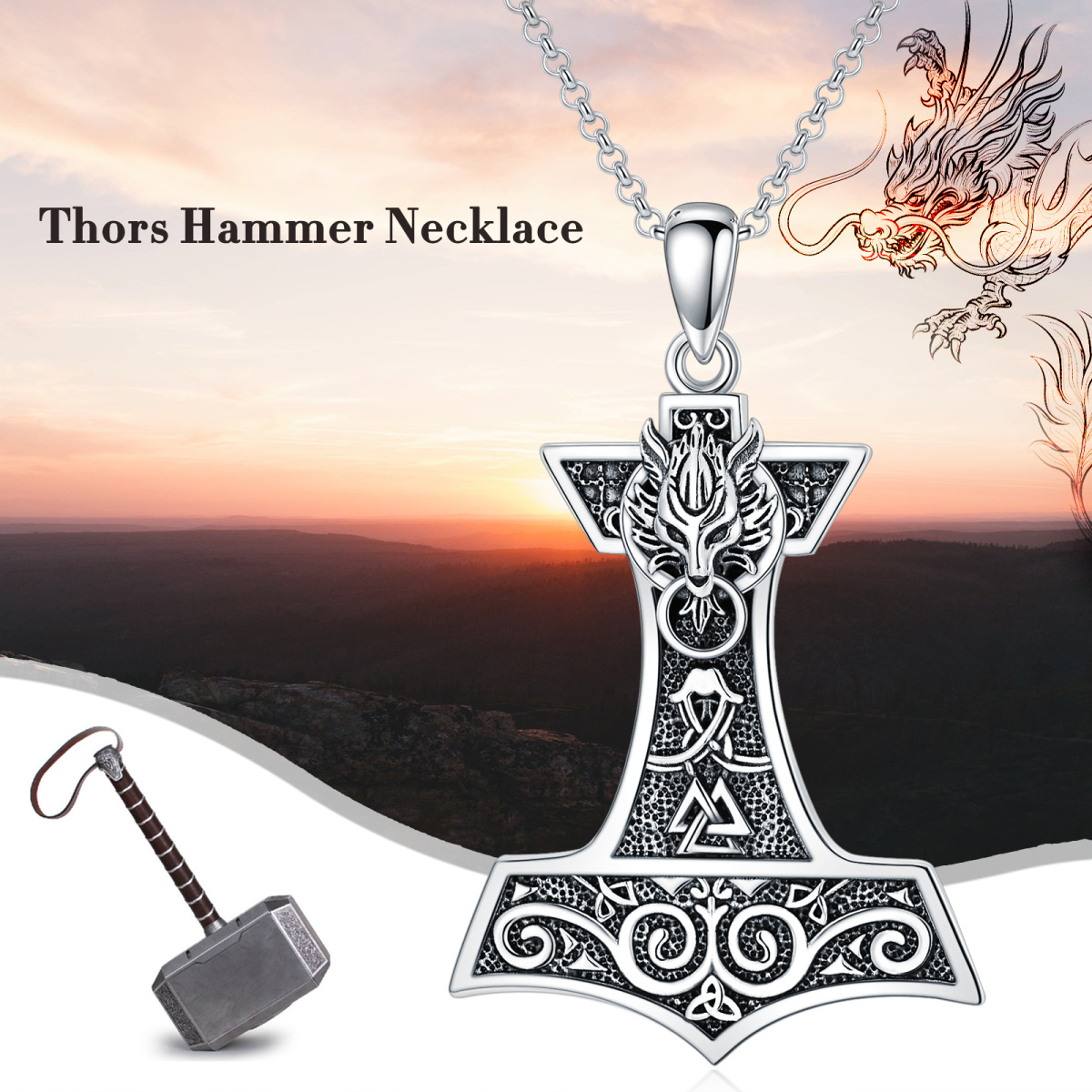 Sterling Silver Thor's Hamme Pendant Necklace for Men-6