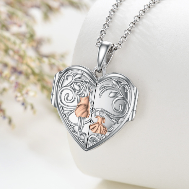 Plata de ley de dos tonos Madre e Hija Corazón Personalizado Foto Locket Collar-3