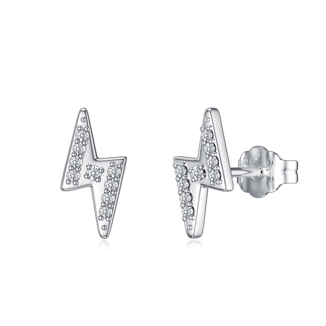 Sterling Silver Circular Shaped Diamond Lightning Stud Earrings-1