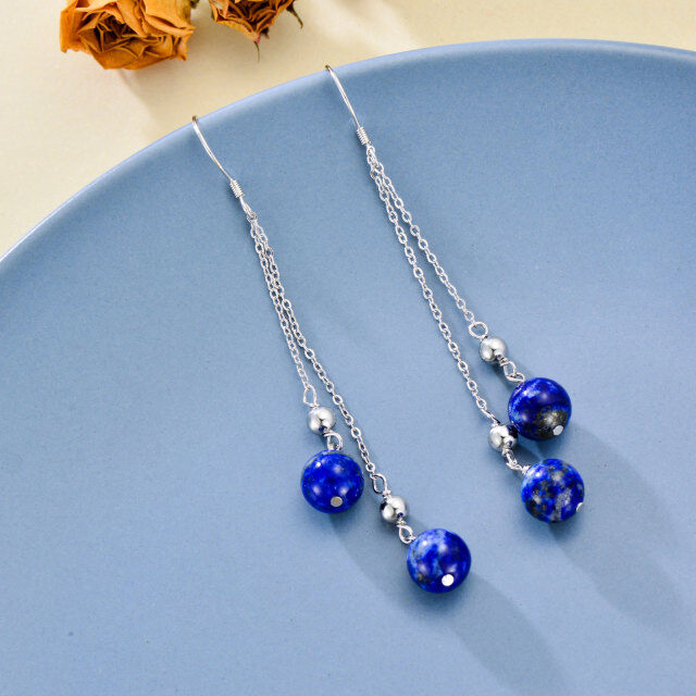 Sterling Silver Round Lapis Lazuli Bead Drop Earrings-2