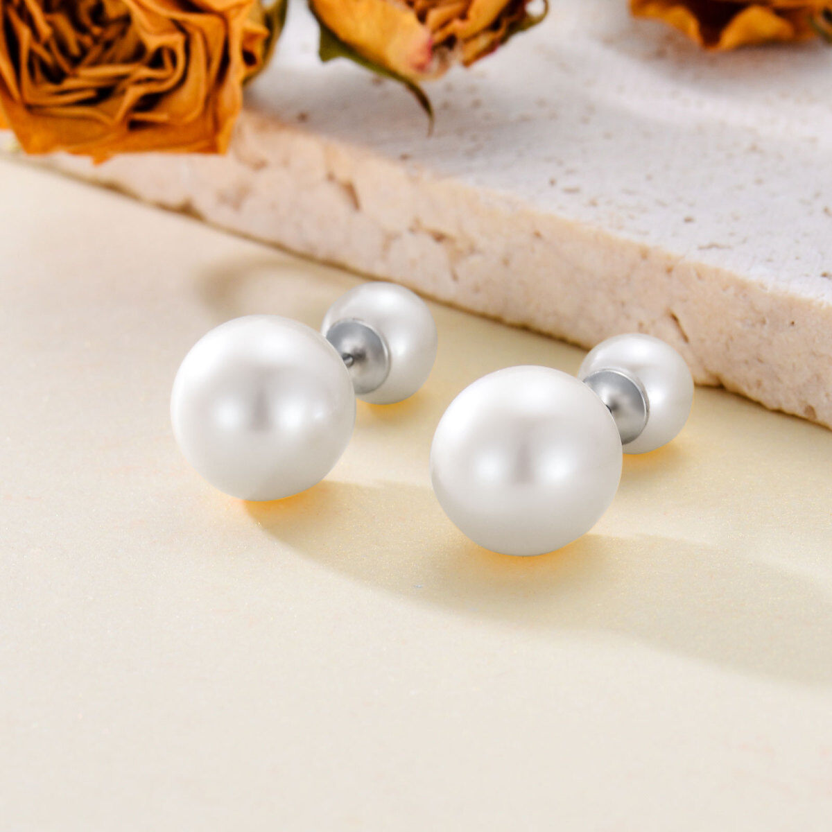 Sterling Silver Circular Shaped Pearl Round Stud Earrings-3