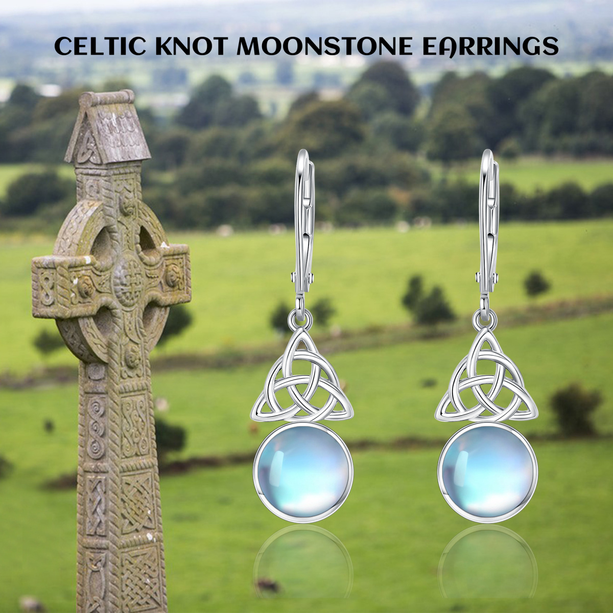 Sterling Silver Moonstone Celtic Knot Lever-back Earrings-6