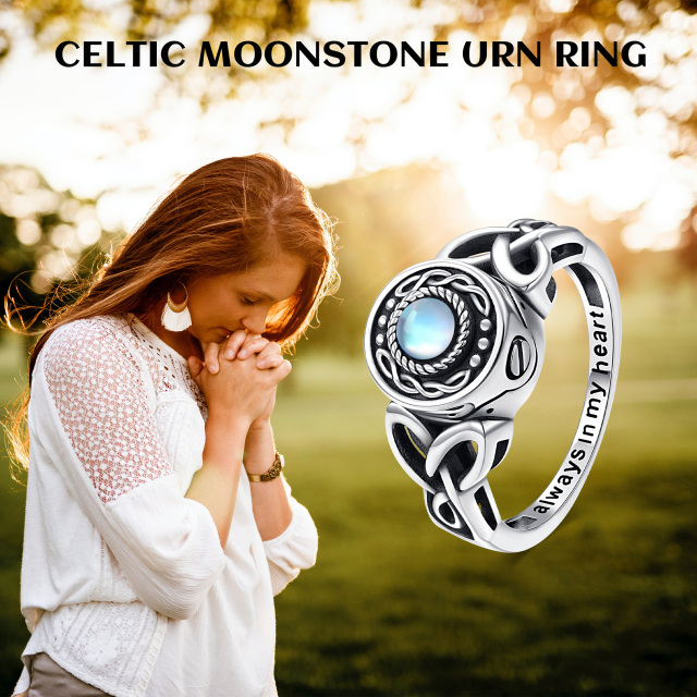 Sterling Silver Circular Shaped Moonstone Celtic Knot & Heart Urn Ring with Engraved Word-4