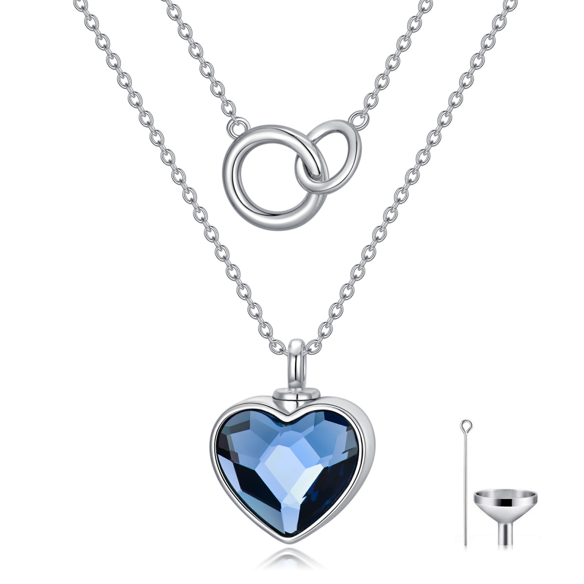Sterling Silver Double Layer Heart Crystal & Generation Ring Urn Necklace for Ashes-1