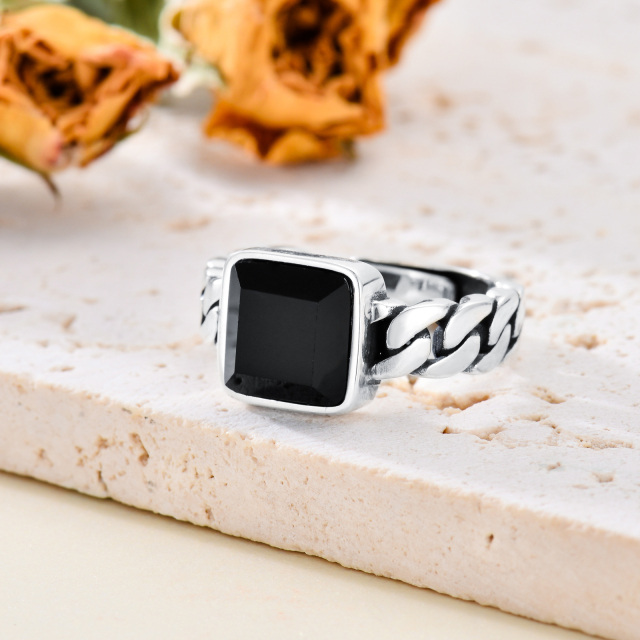 925 Sterling Silver Square-Cut Black Onyx Open Adjustable Ring-3