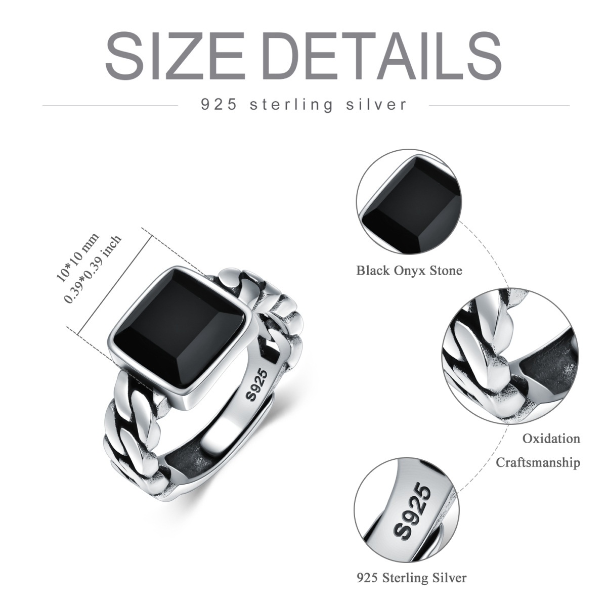 Offener verstellbarer Ring aus 925er Sterlingsilber mit schwarzem Onyx im Quadratschliff-6