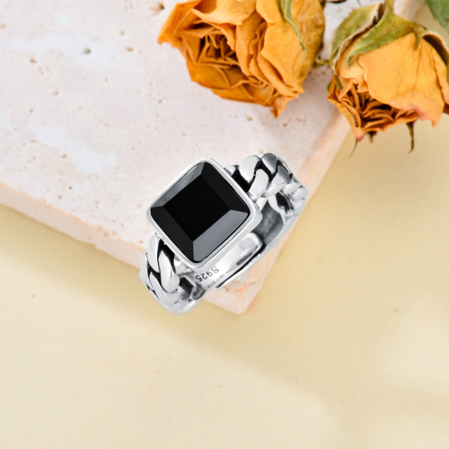 Offener verstellbarer Ring aus 925er Sterlingsilber mit schwarzem Onyx im Quadratschliff-3