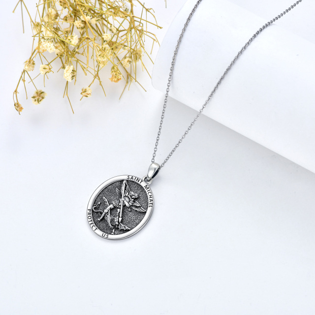 Sterling Silver Saint Michael Oval Shaped Pendant Necklace with Engraved Word for Men-3